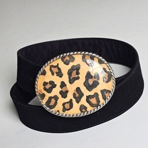 Western Oval Leopard Buckle, Removable Suede Strap Black Belt Size 32